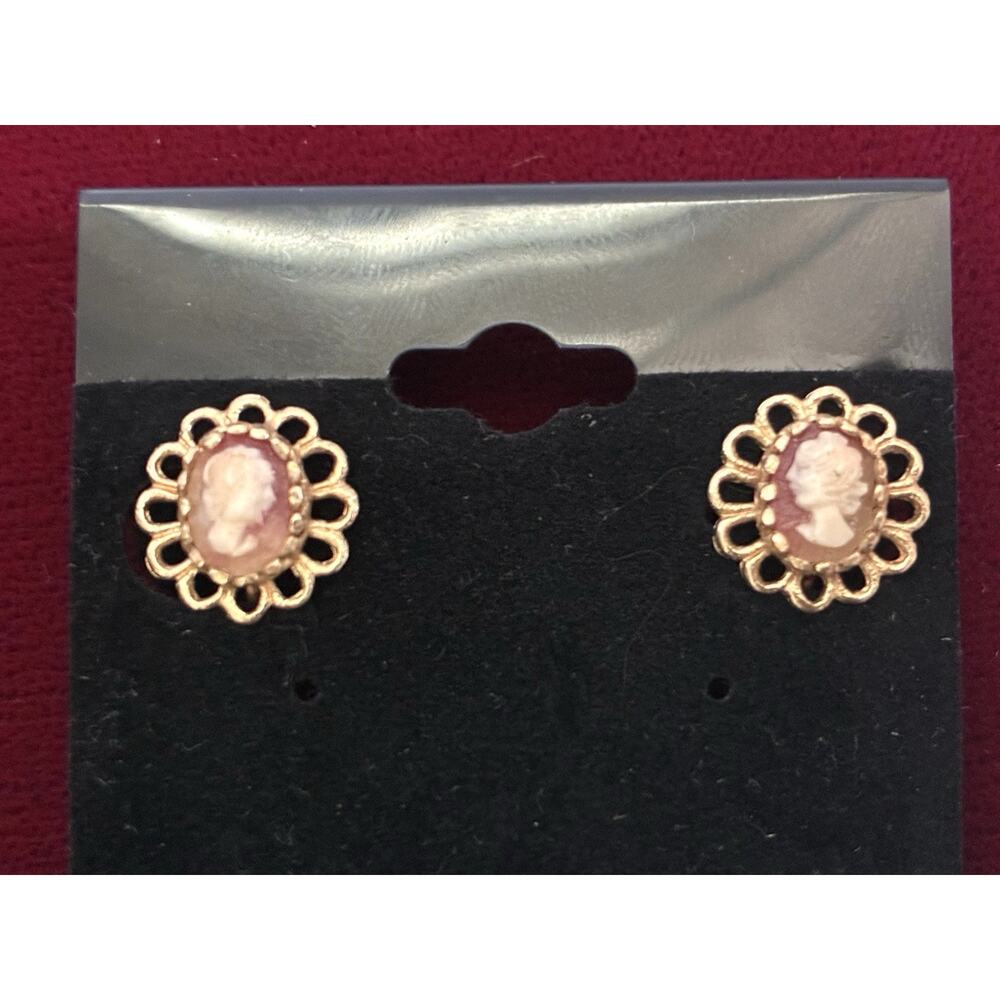 Carnelian Shell Cameo Stone Earrings 14kt Yellow Gold Screwbacks For Non-Pierced